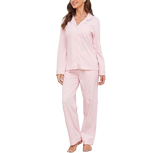 U2SKIIN Schlafanzug Damen lang 100% Baumwolle, Pyjama Damen weiche Pyjamas Set leichte Nachtwäsche Schlafanzüge für Frauen Zweiteiler Pyjama Set (Hellrosa, XXL) von U2SKIIN