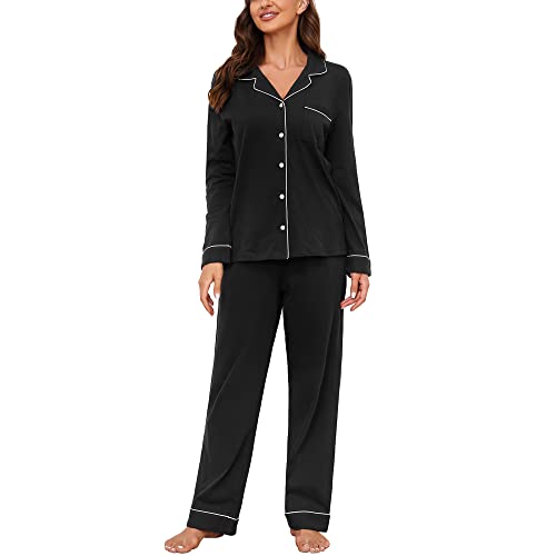 U2SKIIN Schlafanzug Damen lang 100% Baumwolle, Pyjama Damen weiche Pyjamas Set leichte Nachtwäsche Schlafanzüge für Frauen Zweiteiler Pyjama Set (Schwarz, XL) von U2SKIIN