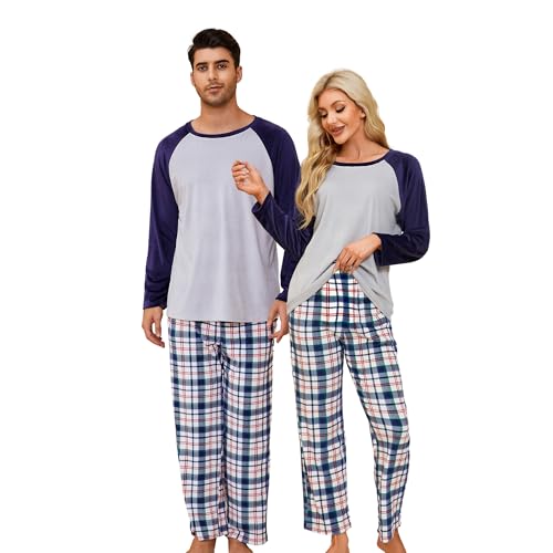 U2SKIIN Schlafanzug Damen lang Fleece Pyjama Set Karierte Pyjamas Nachtwäsche kuschelig warme Loungwear (Marineblau/Marineblau-Weiß kariert, M) von U2SKIIN