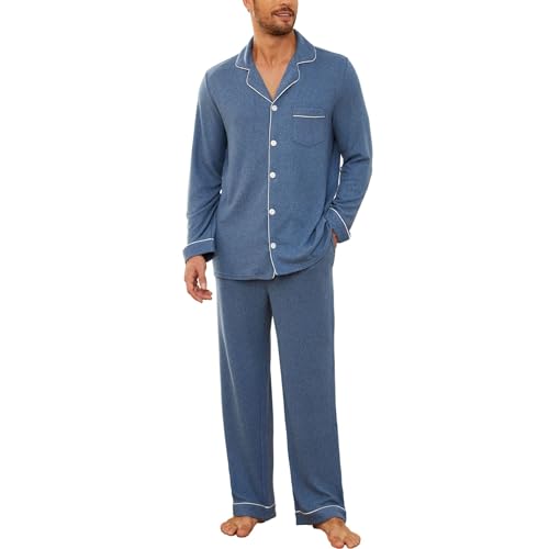 U2SKIIN Schlafanzug Herren lang Stretch Pyjama mit Knopfleiste Pyjamas Set Schlafanzüge Langarm Nachtwäsche Loungewear (Dunkel-Marineblau Mel., M) von U2SKIIN