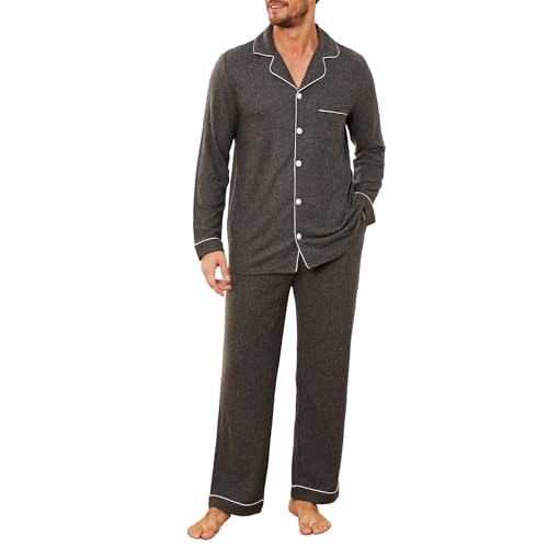 U2SKIIN Schlafanzug Herren lang Stretch Pyjama mit Knopfleiste Pyjamas Set Schlafanzüge Langarm Nachtwäsche Loungewear (Dunkelgrau Mel., L) von U2SKIIN