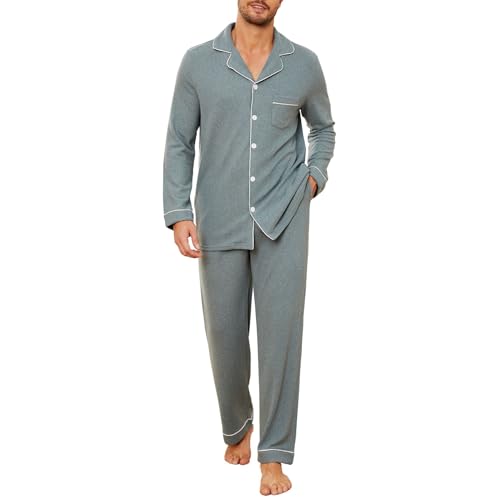 U2SKIIN Schlafanzug Herren lang Stretch Pyjama mit Knopfleiste Pyjamas Set Schlafanzüge Langarm Nachtwäsche Loungewear (Hellgrün Mel., M) von U2SKIIN