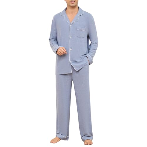 U2SKIIN Schlafanzug Herren lang Stretch Pyjama mit Knopfleiste Pyjamas Set Schlafanzüge Langarm Nachtwäsche Loungewear (Marineblau Mel., L) von U2SKIIN