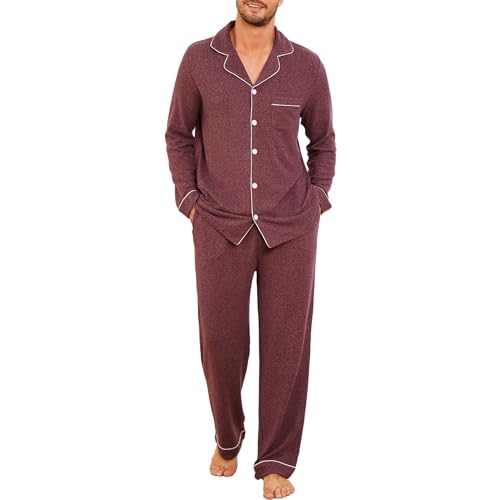 U2SKIIN Schlafanzug Herren lang Stretch Pyjama mit Knopfleiste Pyjamas Set Schlafanzüge Langarm Nachtwäsche Loungewear (Purpurrot Mel., M) von U2SKIIN