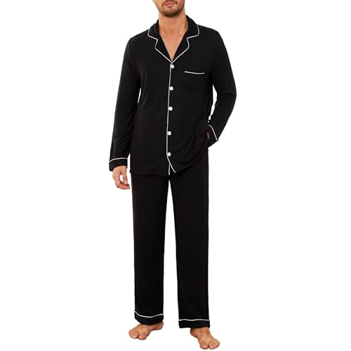U2SKIIN Schlafanzug Herren lang Stretch Pyjama mit Knopfleiste Pyjamas Set Schlafanzüge Langarm Nachtwäsche Loungewear (Schwarz, S) von U2SKIIN