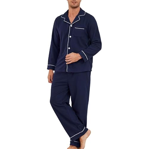 U2SKIIN Schlafanzug Herren mit Knopfleiste lang Pyjama Set Nachtwäsche Loungewear Flanell (Marineblau, L) von U2SKIIN