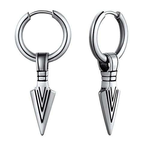 U7 12mm Kleine Creolen mit Speerspitze Anhänger Ohrringe Edelstahl Herren Biker Gotik Hängeohrringe Punk Rock Creolen Silber Huggie Kreolen Hoop Earrings Modeschmuck für Ehemann von U7