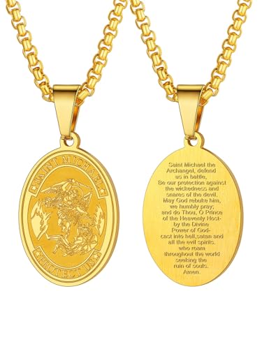 U7 18k vergoldet Erzengel Michael Anhänger mit 55+5cm Venezianierkette Schutz Patron Oval Medaille Halskette St. Michael Pendant Necklace Modeschmuck Accessoire von U7