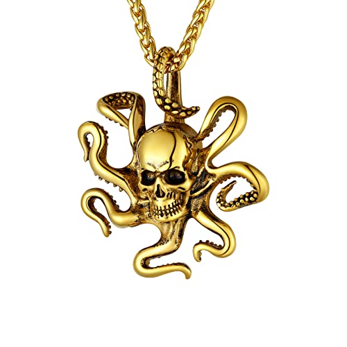 U7 18k vergoldet Gotik Octopus Schädel Kette Tintenfisch Krake Totenkopf Anhänger mit 3mm/55+5cm Weizenkette Modeschmuck Accessoire für Biker Fahrradfahrer von U7