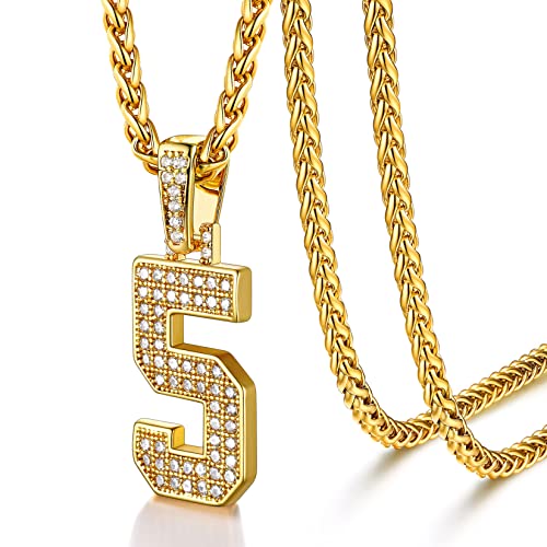 U7 Gold Kette für Herren Halskette Nummer 5 Zahlen Kette mit Ziffer Anhänger Zirkonia Kettenanhänger Glücksanhänger CZ Iced Out Pendant Necklace Halsschmuck Glückszahl Rock Modeschmuck für Bruder von U7