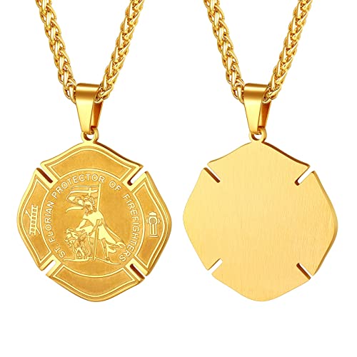 U7 18k vergoldet Heiliger Florian Anhänger Halskette Schutz Patron Medaille St. Florian mit 55+5cm Weizenkette Amulett Talisman Modeschmuck Accessoire für Feuerwehrmann von U7