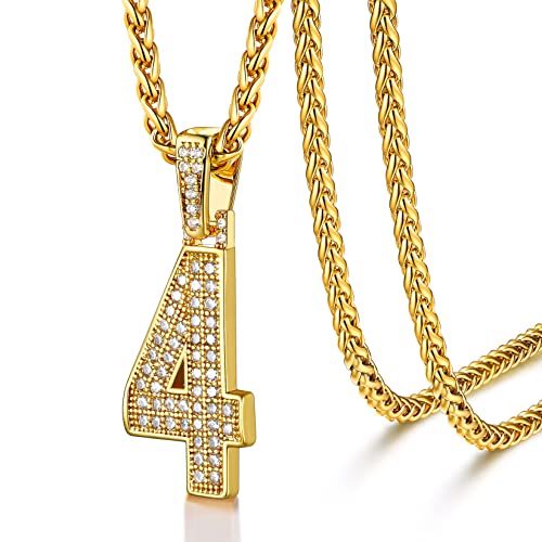 U7 18k vergoldet Nummer Vier Halskette Zirkonia Iced Zahl 4 Anhänger mit 55+5cm Weizenkette Hip Hop Rapper Rocker Modeschmuck Accessoire für Männer Frauen von U7