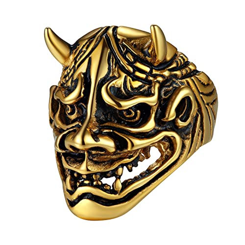 U7 18k vergoldet Prajna Maske Ring für Männer Retro Gotik Japanische Dämon Samurai Großer Ring Street Style Fingerring Modeschmuck für Halloween(Ring Größe 62) von U7