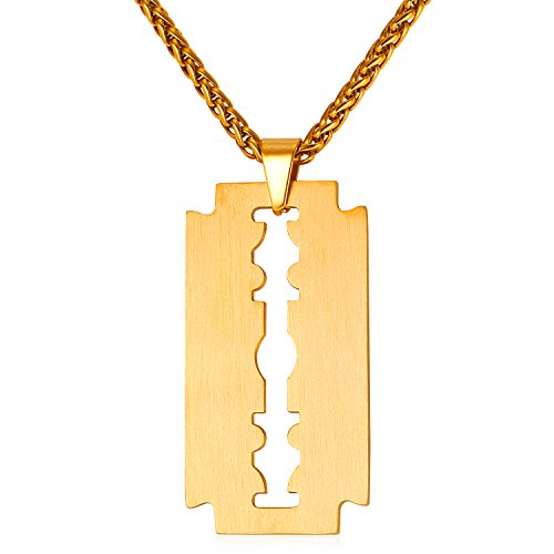 U7 18k vergoldet Rasierklinge Anhänger für Männer mit 50+5cm Weizenkette matte gebürstet Razor Blad Halskette Hip Hop Biker Punk Pendant Necklace Personalisiert Modeschmuck für Opa von U7