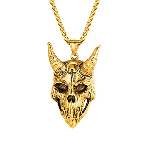 U7 18k vergoldet Sabbatziege Halskette Baphomet Totenkopf Anhänger mit 55+5cm/3mm Weizenkette Amulett Glückbringer Modeschmuck für Geburtstag Weihnachten von U7