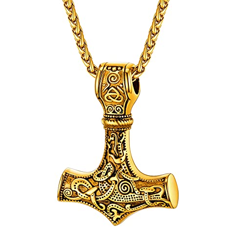 U7 18k vergoldet Wikinger Thor Hammer Anhänger Halskette Nordischer Möjlnir mit Weizenkette Keltischer Knoten Modeschmuck Accessoire für Vatertag Weihnachten von U7