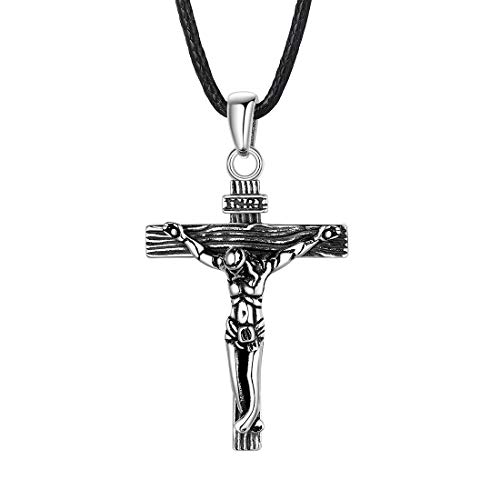 U7 925 Sterlingsilber personalisiert Kruzifix Halskette Damen kunstliche Lederkette und Kreuz Anhänger katholischen religiöser Modeschmuck für Frauen Jahrestag Weihnachten von U7