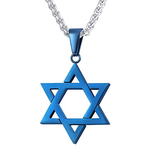 U7 Herren Kette blau Edelstahl Magen David Anhänger mit 3mm 55cm Weizenkette Judische Davidstern Halskette religiöser Judentum Modeschmuck Geschenk für Christen von U7