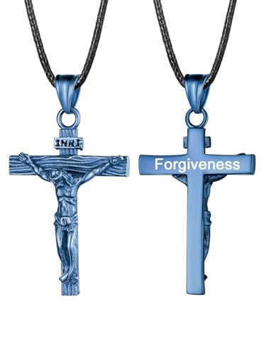 U7 Anhänger Halskette personalisiert Kreuz INRI Kruzifix Blau Edelstahl Jesus Christus Modeschmuck mit 55cm Kunstleder Kette Katholischen Christian Modeschmuck von U7