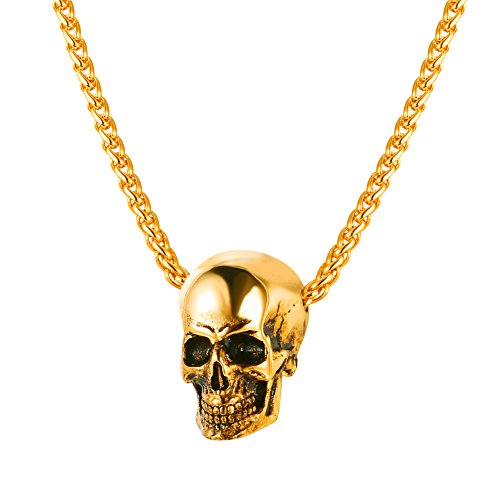 U7 Herren Halskette 18k vergoldet Weizenkette und Totenkopf Anhänger Gotik Schädel Halsband Punk Stil Modeschmuck Accessoire für Biker Rocker(gold) von U7