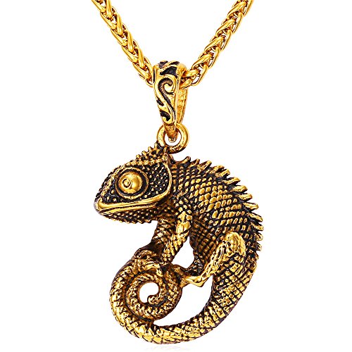 U7 Echsen Chamäleon Chameleon Anhänger Halskette 18k vergoldet Cool Reptil Schmuck für Männer Herren Biker Rocker, Gold-Ton von U7