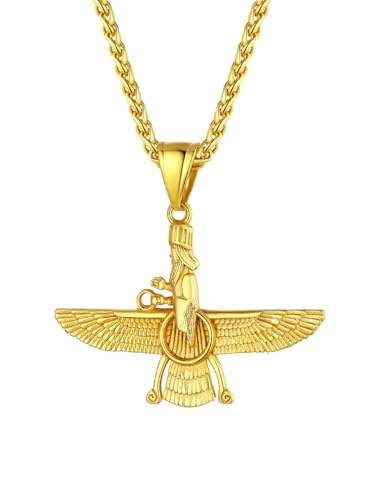 U7 Kette mit Faravahar Anhänger Herren Edelstahl Halskette Iranisch Persisch Faravahar Anhänger Gold Kette Zoroastrismus Amulett Farohar Anhänger mit 55cm Weizenkette Modeschmuck für Geburtstag von U7