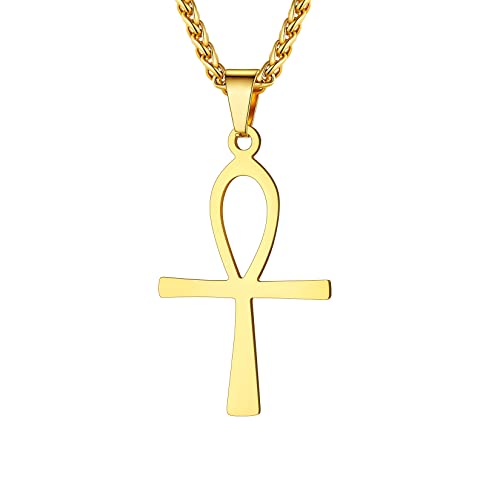 U7 Herren Halskette 18K Gelbgold überzogend Ankh Kreuz Ägyptisches Zeichen Henkelkreuz Nilschlüssel Anhänger mit Kette Damen Unisex Religiöser Schmuck(Gold) von U7