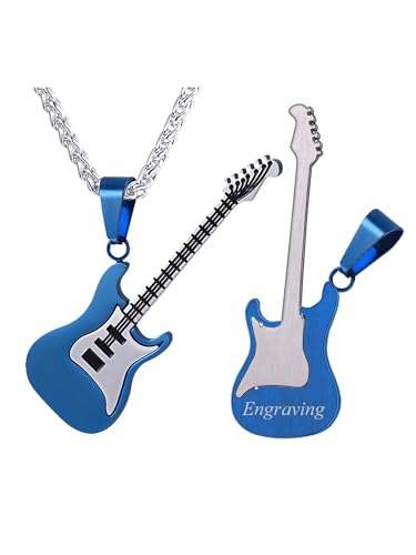 U7 Blau Gitarre Anhänger für Jungen Herren Halskette Gravur Text Elektrische Gitarre E-Gitarre Bass Gitarristen Musiker Plektron Plektrum Kette Pendant Necklace Hip Hop Modeschmuck für Liebe von U7