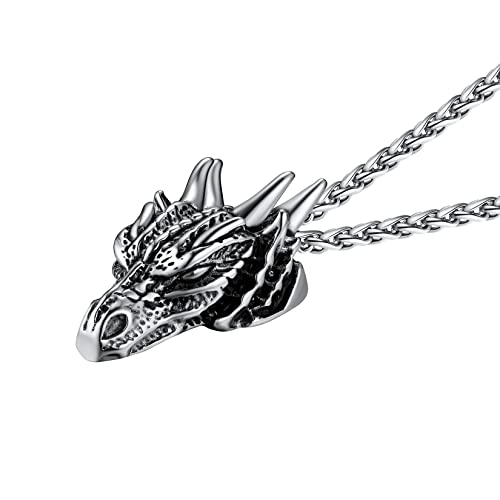 U7 Chinesische Lóng Design Halskette Edelstahl Herren Vintage Drache Kopf Anhänger mit 55+5cm Weizenkette Y2K Punk Kette mit Drachenkopf Anhänger Accessoire Rock Kettenanhänger Modeschmuck für Bruder von U7