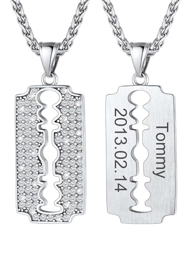 U7 Custom Rasierklinge Anhänger mit CZ Herren Halskette Edelstahlkette Razor Blade Messer Dog Tag Lil Peep Kette Militär Army Pendant Necklace Hip Hop Personalisiert Modeschmuck für Jahrestag von U7