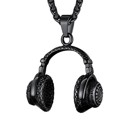 U7 DJ Musik Kopfhörer Anhänger Halskette schwarz Edelstahl Headset Charms mit 55+5cm Weizenkette Hip Hop Modeschmuck Accessoire für Biker Rocker von U7
