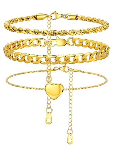 U7 Damen 3 Stücke Fußkettchen Layered Mehrlagige Fußkettchen Sets Frauen Sommer Venezianierkette Herz Anhänger Panzerkette Fußkette Gold Damen Fußband Knöchel Armband Fußschmuck Schmuck für Sandalen von U7