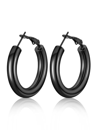 U7 Damen 30mm Hoop Ohrringe Schwarz 5mm dicke Creolen Kreis Ohrringe trendiger Hoop Earrings Ohr Schmuck Accessoire für Tochter Schwester von U7