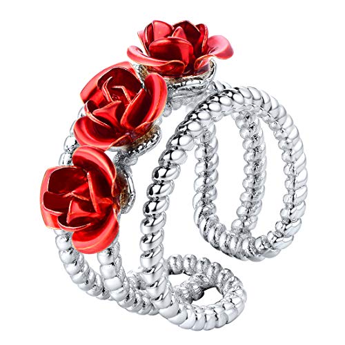 U7 Damen 3D Statement Ring platiniert verstellbar Ring mit Rote Roseblumen Frauen Mädchen offener Ring Modeschmuck für Jahrestag Valentinstag, silber von U7