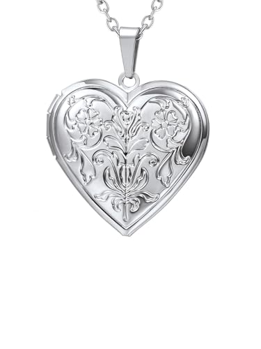 U7 Damen Anhänger Herz Medaillon zum Öffnen Blumen Muster Photo Bilder Weißgold Amulett Souvenir Halskette Locket Fotokette Modeschmuck für Frauen Mädchen Muttertag von U7