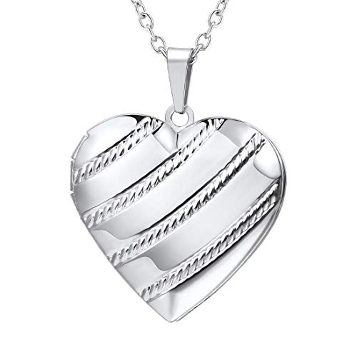 U7 Herz Streifen Anhänger Halskette für Damen Mädchen Weißgold Medaillon zum Öffnen Foto Bilder Locket Necklace Amulett Herzanhänger Casual Modeschmuck für Valentinstag Muttertag Alltag von U7