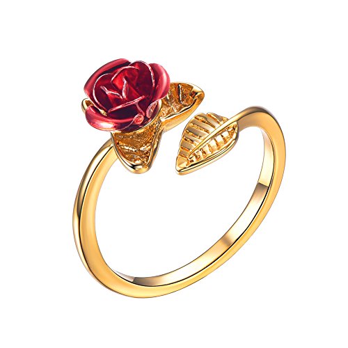 U7 offener Ring Gelbgold überzogen Rote Roseblumen verstellbar Statement Ring Modeschmuck Jahrestag Frauen Mutter Tochter Freundin, Gold von U7