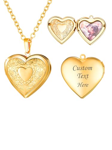 U7 Personalisiertes Herzmedallion Gold Damen Amulett zum Öffnen mit Foto zum Aufklappen Custom Herz Locket Kette Blumen Kettenanhänger Modeschmuck für Weihnacht Mädchen Mutter von U7