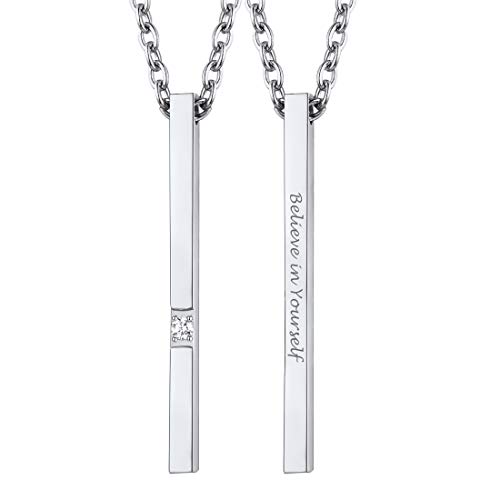 U7 Damen Collier Edelstahl Stäbchen mit 50cm Rolokette personalisiert 3D Quader Stab Anhänger mit Zirkonia dekoriert Minimalist Name Gravur Modeschmuck für Frauen Mädchen mit Geschenkbox von U7