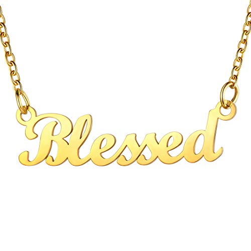 U7 Damen Collier Namenskette 18k vergoldet Schlüsselbein Kette mit Name Blessed 45+5cm kurze Kette Halskette Modeschmuck Accessoire für Mutter Tochter Schwester von U7