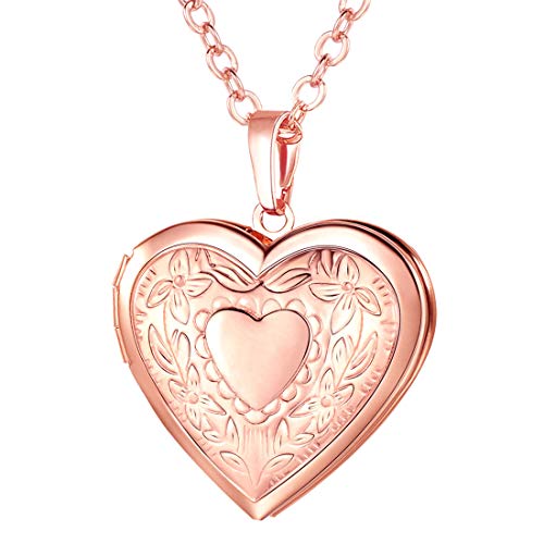 U7 Damen Collier Rosegold Herz Blumen Medaillon zum Öffnen Foto Bilder Amulett Locket Reliefgravierung Herz in Herz Anhänger Halskette Herzanhänger Charm Modeschmuck für Liebe Freundin von U7