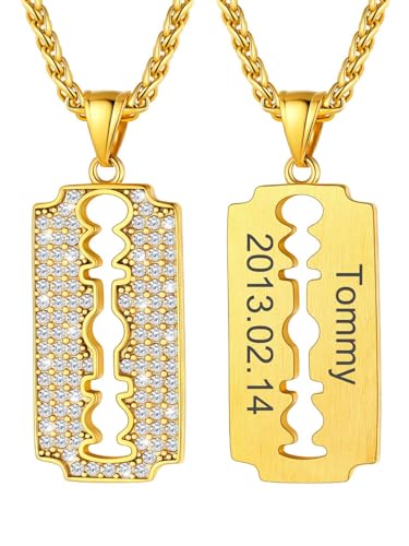 U7 Damen Halskette Custom Gold Rasierklinge Anhänger mit CZ Edelstahlkette Cool Razor Blade Messer Dog Tag Lil Peep Kette Militär Pendant Necklace Hip Hop Personalisiert Modeschmuck für Weihnacht von U7