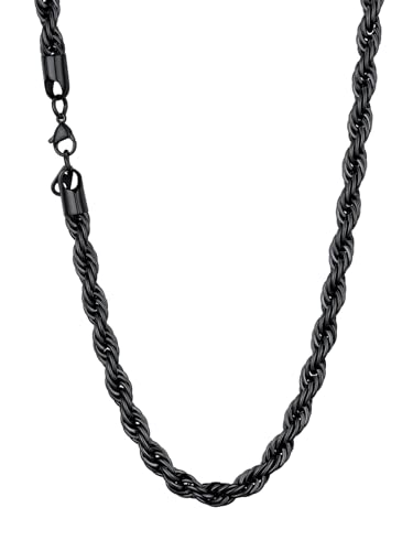 U7 Damen Kette Collier schwarz Edelstahl 46cm Kordelkette Halskette 6mm breit Gliederkette Hip Hop Zopfkette Modeschmuk Accessoire für Frauen Jungen von U7