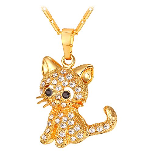 U7 Mädchen Süße Katze Kette Katzen Anhänger Halskette Damen Katzenanhänger Ketten Gold Tiere Kette mit weißer Zirkon Halsschmuck Katzenliebhaber Glücklich Kettenanhänger Modeschmuck für Schwester von U7