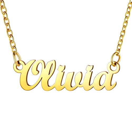 U7 Damen Mädchen Namenskette Olivia 18k vergoldet Schlüsselbeinkette mit Buchstaben 45+5cm 1,5mm Collier einzigartiger Schmuck Accessoire für Freundin Ehefrau Geliebte von U7