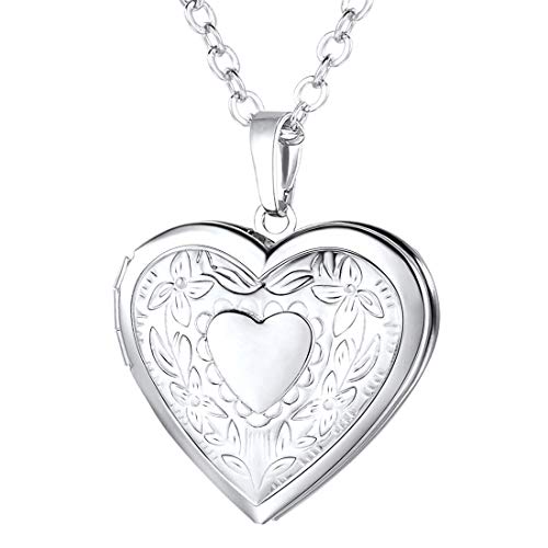 U7 Herz Blumen Anhänger Halskette für Damen Mädchen Weißgold Herz Reliefgravierung Medaillon zum Öffnen Foto Bilder Locket Necklace Amulett Herzanhänger Modeschmuck für Valentinstag Muttertag von U7