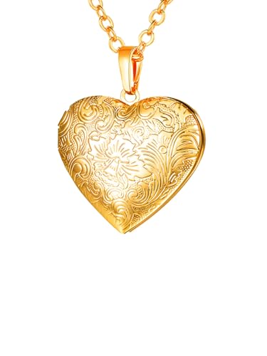 U7 Frauen Mädchen Halskette Blumen Muster Herz Anhänger zum Öffnen mit 50+5cm Kette Gelbgold Herz Medaillon Foto Bilder Amulett Personalisiert Charm Modeschmuck für Damen Erntedanktag von U7