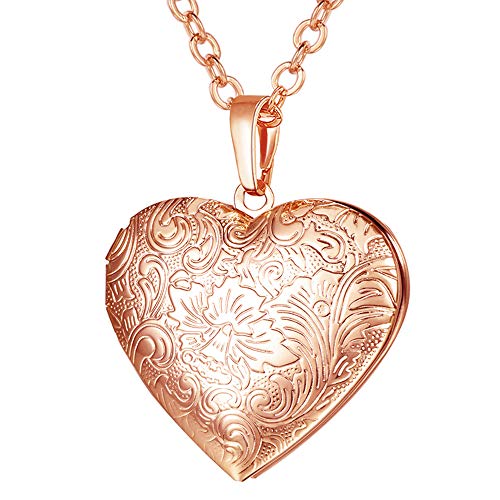 U7 Personalisiert Herzkette Anhänger zum Öffnen Halskette Rosegold Vintage Blumen Herz Medaillon für Damen zum Öffnen für Bilder Amulett Souvenir Charm Erinnerung Kettenanhänger für Halloween von U7