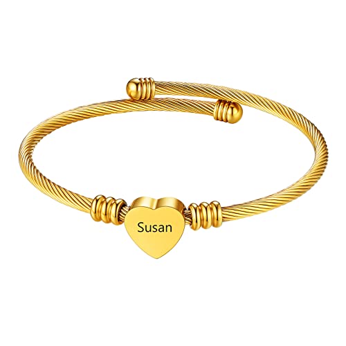 U7 Damen Offener Armreif 18k vergoldet verstellbar Armspange mit personalisiert Herz Charms Mädchen Frauen Manschette Armband Armschmuck für Geburtstag Weihnachten von U7
