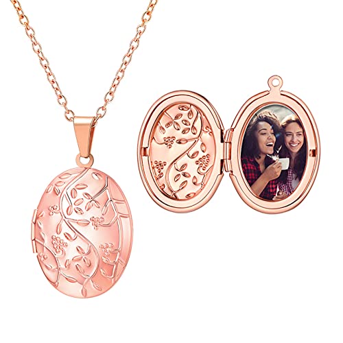 U7 Damen Oval Medaillon Custom Retro Blumen Zweig Medaillon zum Öffnen für Bilder Foto Rosegold Halskette Anhänger Amulett Souvenir Freundschaftskette Kettenanhänger Mode Schmuck für Vatertag von U7